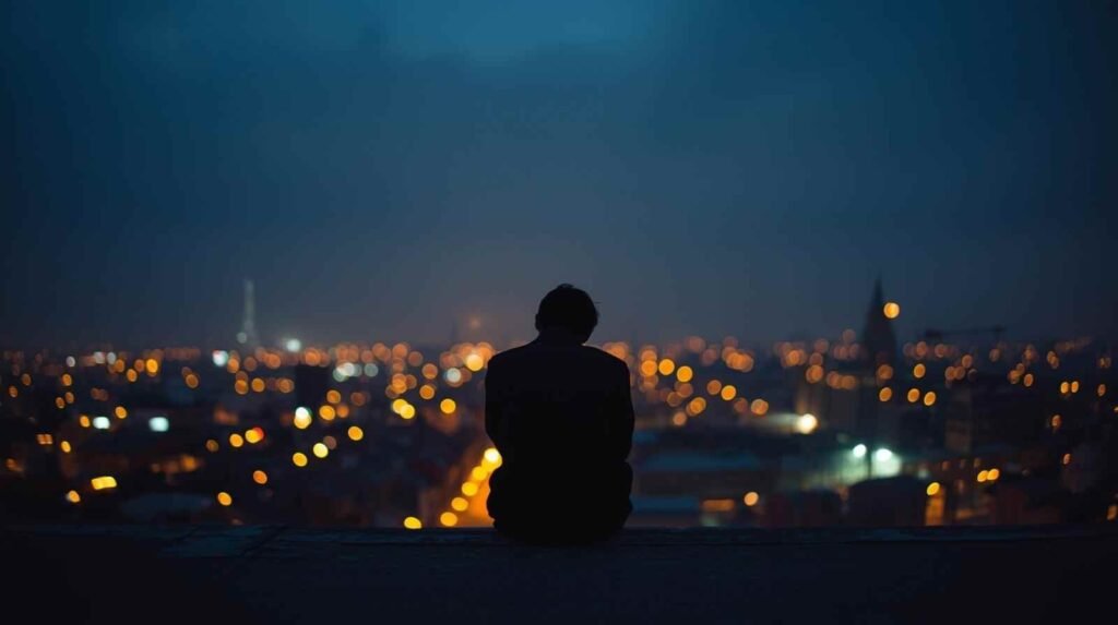 दर्द भरी शायरी – रात को छत पर अकेला बैठा इंसान, शहर की रोशनियाँ दूर टिमटिमाती हैं