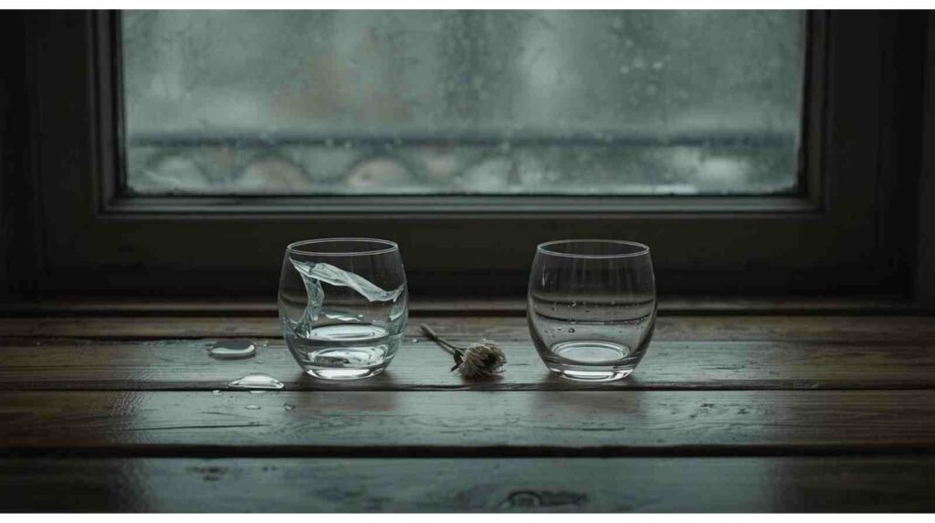 2 लाइन टूटे दिल की शायरी – बरसात की खिड़की के पास दो गिलास, एक टूटा हुआ, एक भरा हुआ