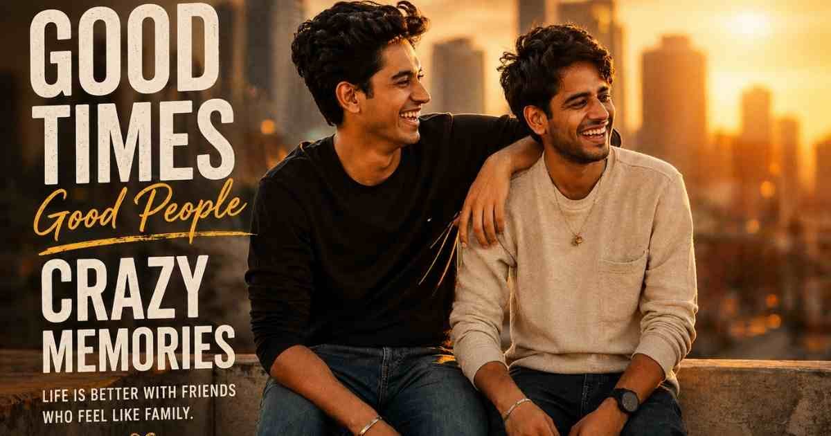 dosti shayari in hindi – दो दोस्त सूर्यास्त में छत पर बैठे हँस रहे हैं, सच्ची यारी का एहसास