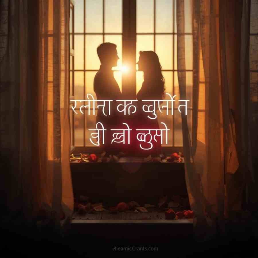 Good Morning Shayari Love — romantic couple  silhouette in sunrise window light for WhatsApp