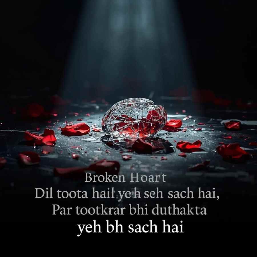 Hyper-realistic photo of a shattered glass heart on a dark marble surface, red rose petals scattered around, single dramatic light beam from above, deep dark background, cinematic macro photography, 8K