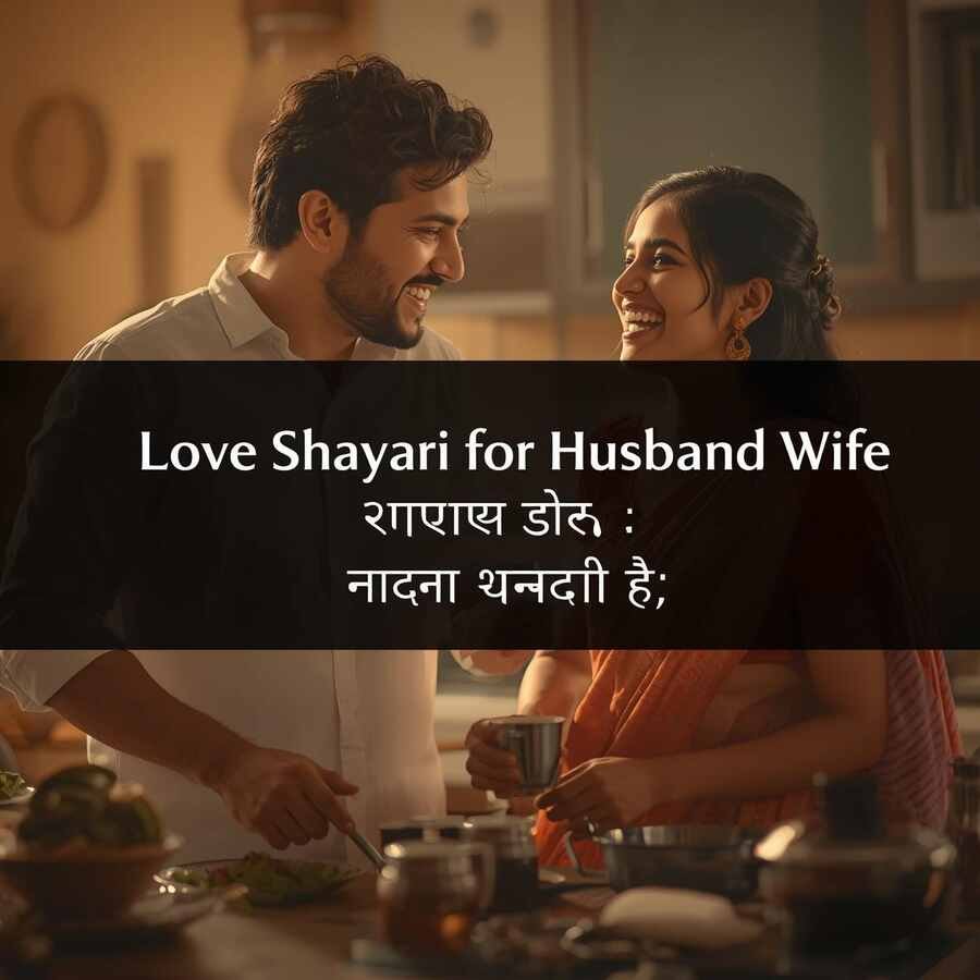 Love Shayari for Wife and Husband — पति-पत्नी के लिए शायरी Love Shayari for Husband Wife in Hindi 2026 - Indian married couple making chai together with shayari text "चाय बनाते वक़्त एक कप ज़्यादा रख देना यही तो मोहब्बत है"
