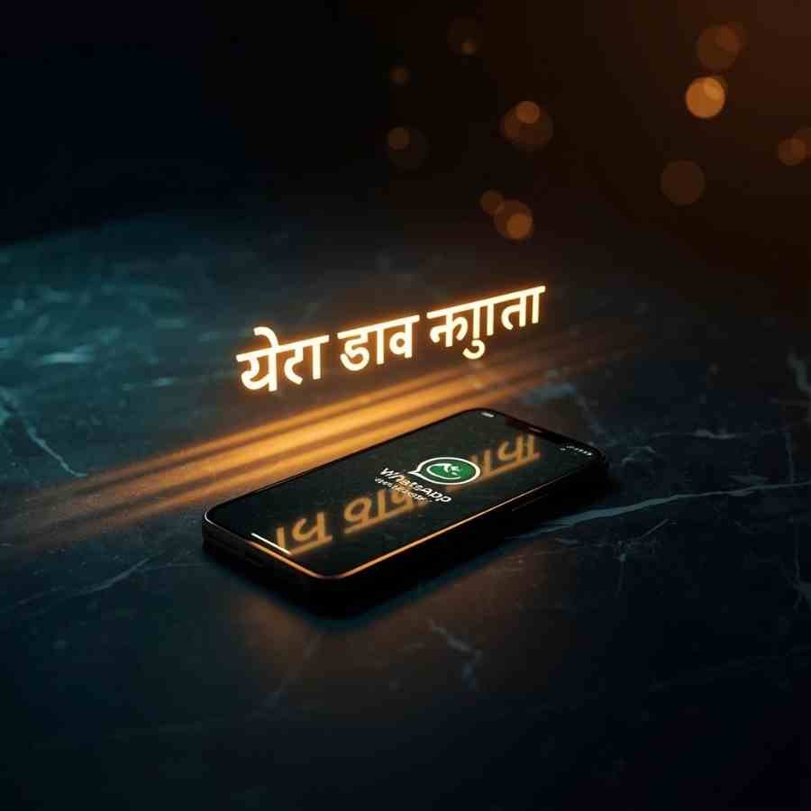 व्हाट्सएप स्टेटस के लिए शॉर्ट भाई शायरी Smartphone mockup flat lay on dark marble surface, WhatsApp status screen visible, warm glowing light from side, minimal aesthetic, Hindi text overlay floating above phone: "भाई वो रिश्ता है जो बिन चुने मिलता है" in bold white Devanagari font with neon gold glow effect, dark moody background with bokeh lights, modern social media blog image style, 1080x1080px square format