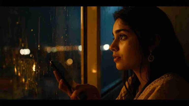 miss you shayari in hindi — emotional woman missing someone at night window — heart touching याद शायरी 2026